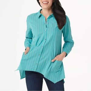 NWOT LOGO by Lori Goldstein Aqua woven striped tunic with pockets size large